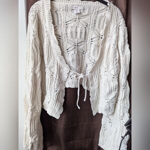 Crochet cream shrug with tie